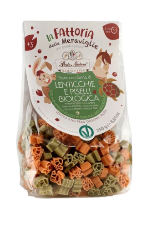 Organic Gluten Free Red Lentils & Green Pea Kids Pasta - Animal's Farm product packaging